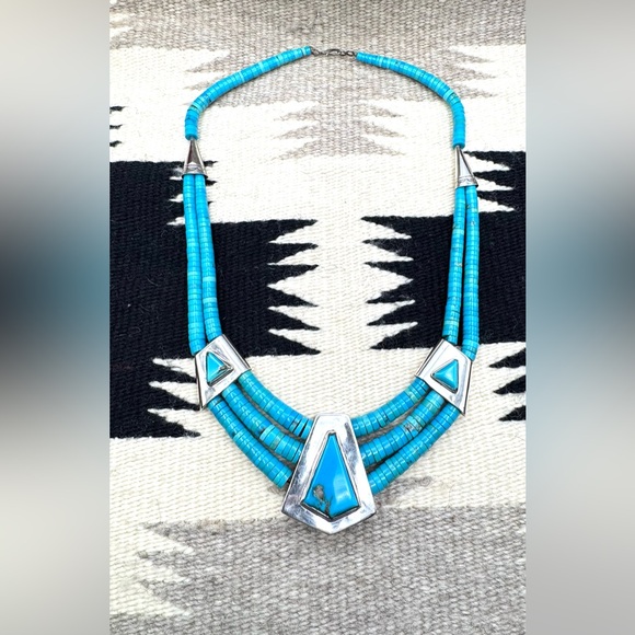 Native American Jewelry - Santo Domingo Native American Sterling Silver Turquoise Cross Pendant Necklace